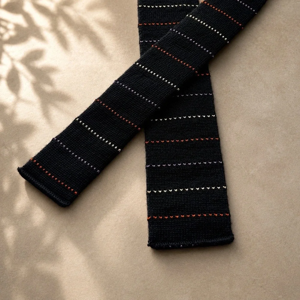 Yves Saint Laurent Tie Mens Black Multicolor Stripe Square Wool Knit Vintage USA